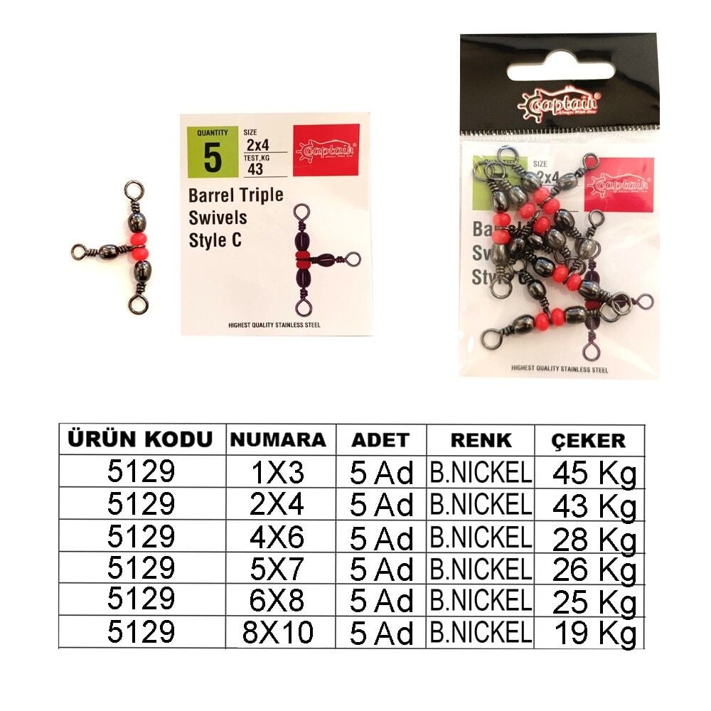 Captain 5129 Üçlü Boncuklu T Fırdöndü 5'li Paket Black Nikel